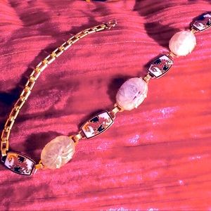 Vintage Art Deco carved jade champleve necklace